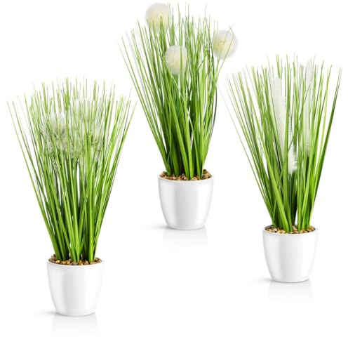 PASCH® 3 x Kunstgras in weißem Keramiktopf (31cm): Gräser künstlich | Künstliches Gras | Kunstpflanze Gras | Dekogras | Kunstpflanzen wie echt | Künstliche Pflanzen im Topf (Ziergras Variation)