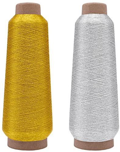 Paquete de 2 hilos para bordar a máquina, 3000 m de hilo de bordado metálico - Hilo de coser dorado y plateado de poliéster para máquina de coser, bordado, uso de overlock, manualidades DIY