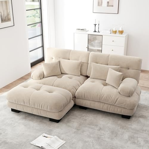 Trdlpyn Divano Angolare a Nuvola per Salotto, Sofà a Due Posti in Chenille con 4 Cuscini e Pouf, Divano Imbottito con Braccioli Larghi per Camera da letto, Caffè leggero