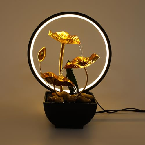 TFGXUE Fontana da tavolo con anello di luce a LED, design di loto dorato, fontana da interni, decorazione per fontana d'acqua, regalo per ricchezza e successo, 22 x 13 x 28 cm