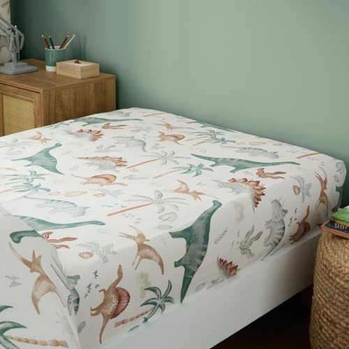 Happy Linen Company Girls Boys Kids Scandi Saurus Dinosaur Ivory Single Fitted Sheet Bedsheet Bedding Bed Linen