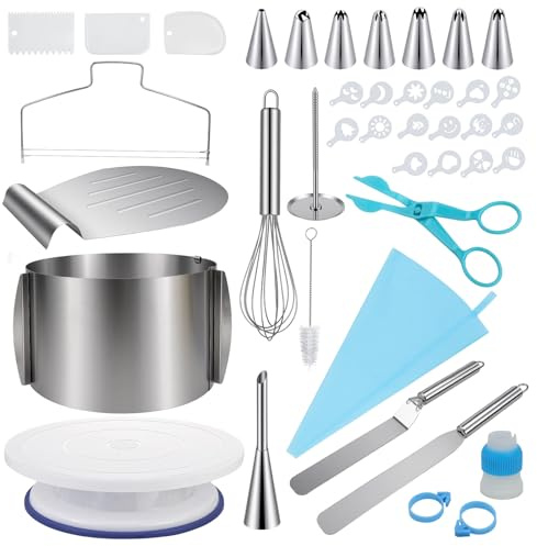 NCTNCX Juego de 40 accesorios para tartas: todo para decoración de tartas, anillo ajustable de 15 cm, plato giratorio, sierra para tartas, batidora de huevos, pala para tartas, espátula y juego de