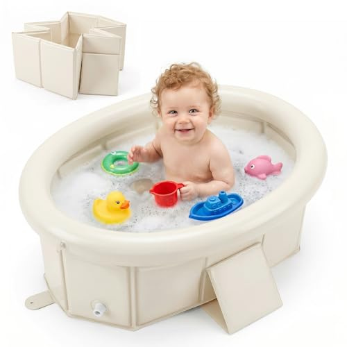 Orzbow Baignoire Pliable Bébé avec Bord Supérieur Gonflable, Beige | Baignoire Bebe pour de 6 Mois+, Baignoire Enfant Portable, Stable et Durable, Facile à Nettoyer, Idéale pour Voyage