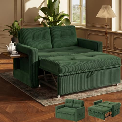 YOUDENOVA Bäddsoffa 3-i-1, Fåtölj med sängfunktion och vardagsrumsfunktion, Relaxsoffa med 5 justerbara ryggstödspositioner, 2-sits soffa med säng, bord och sidofickor, Ribbad Grön
