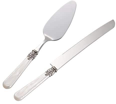 CATHYLIN Wedding Cake Knife and Serve Set, Fancy Hand Craft Italian Style Design, Pearl Pie Knife Server Set, Vintage Silverware,Cake Cutter Set, Cake Knife Gift Set, 2 pcs (White)