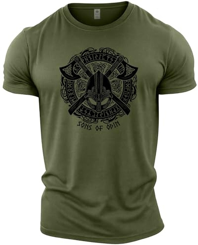 GYMTIER Sons of Odin - Casco Vikingos - Camiseta de Gimnasia para Hombre Entrenamiento de Culturismo Ropa Superior de Levantamiento, Verde, M