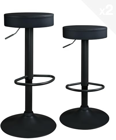 KAYELLES Lot de 2 - Tabourets Bar Noir Rond Simili Cuir sans Dossier, Hauteur réglable, Repose Pieds, pivotants 360° Pied Noir YO (Noir intégral)