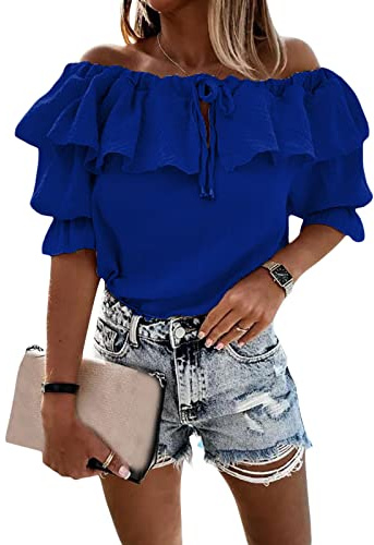 Blouse Femme Épaules Dénudées Chemisier Haut à Volants Tee Shirt Top Col Babdeau Manches 3/4 Tunique Décontracté Chemise Uni Chic et Élégant (Bleu, XXL)