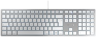 CHERRY KC 6000C FOR MAC, Kabelgebundene Mac-Tastatur (USB-C Anschluss), UK-Layout (QWERTY), Flüsterleise Tasten, Flaches Design, Weiß-Silber
