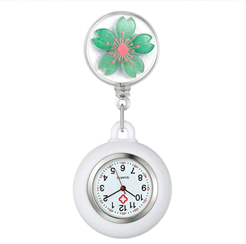 Avaner Retractable Nurse Watch Flower Pattern Fob Watch Krankenschwesteruhr mit Silikon Hülle, Schwesternuhren mit Clip