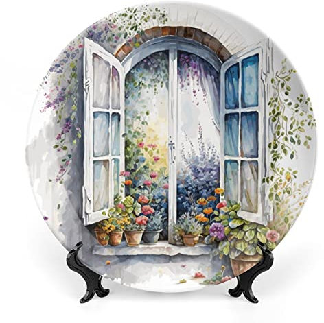 Gokays Divertenti piatti decorativi in ceramica con finestra ad acquerello con stampa floreale per casa con espositore per soggiorno, sala da pranzo, cucina, decorazione per la casa, piatto piano