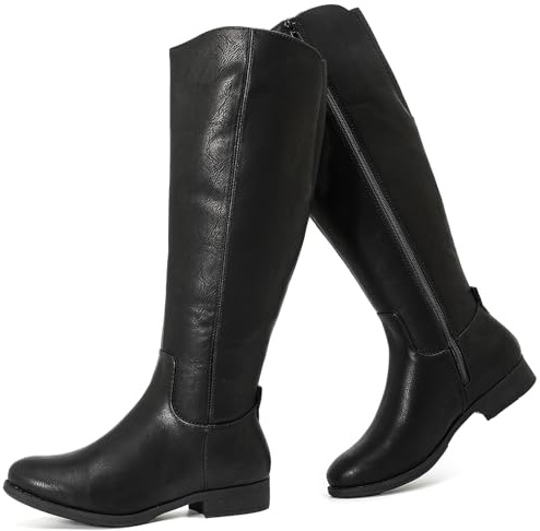 Ruiee Women's Knee High Boots - Stylish Comfortable Round Toe Tall Riding Combat Boots Classic Side Zipper Closure Fall Winter Flat Boots for Women.1873909 Black PU UKsize6