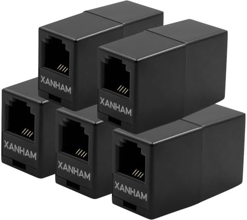 XANHAM RJ11 Coupler(5 Pack) Telephone Line Cable 6P4C Connector Adapter Straight Connection Female to Female for Phone Wire Extension, Black, AV01104