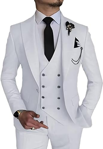 Leader of the Beauty 3 pezzi abiti da uomo slim fit abito un bottone smoking doppio petto abito da sposa abbigliamento casual, bianco, 52