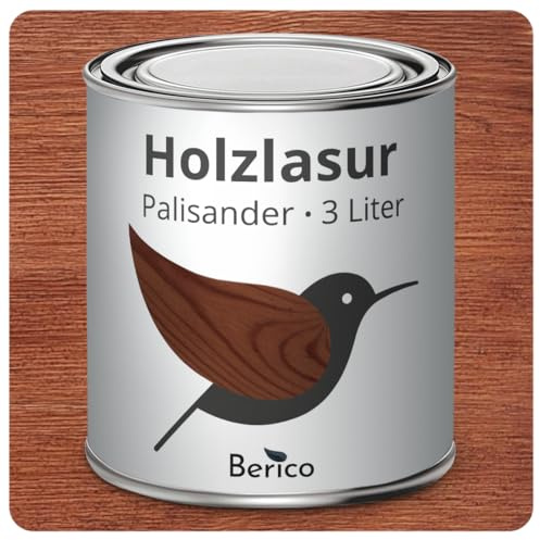 Berico Holzlasur - Palisander - 3 Liter Lasur - Dunkel - Wetterfeste Holzschutzlasur für Innen und Außen - Holzschutz, Wetterschutz und UV-Schutz