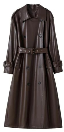 Primavera Autunno Lungo Marrone Sciolto Pu Pelle Trench Cappotto Donna Cintura Doppiopetto Cappotto In Pelle, Marrone, L