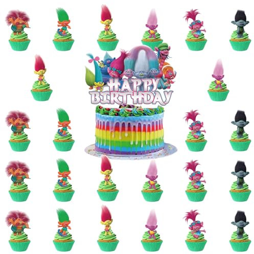 25 Pcs Decoration Anniversaire Trolls, Deco Gateau Trolls, Troll Elfe Cupcake Topper, Deco Anniversaire Troll, Happy Birthday Cake Topper, Trols Party Supplies pour Garçons Filles