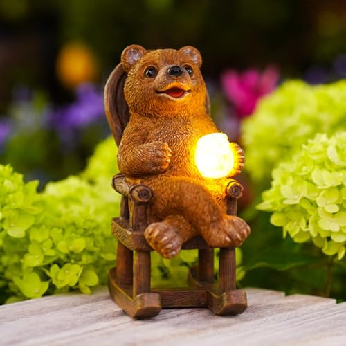 Goodeco Solar-Powered Brown Bear Garden Statue with LED Light - Relaxing Chair Outdoor Decor, Weatherproof Solar LED Figurine, Bear-Themed Gift & Garden Ornament for Patio/Lawn