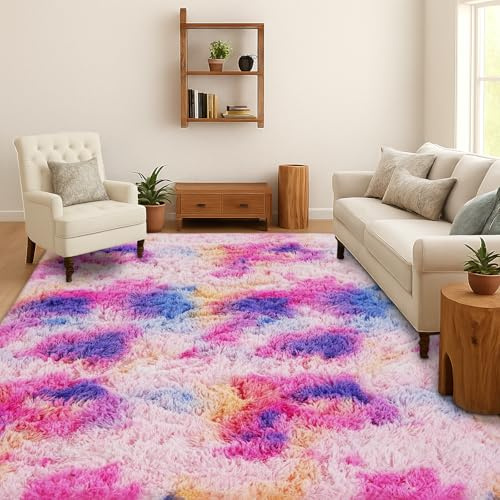 SOANNY Alfombra de Pelo Largo para Salón, Lavable Antideslizante y Suave, Diseño Tie-Dye Shaggy para Dormitorio y Habitación Infantil, Tapete para Cama, 120x180 cm, Arcoíris Rosa