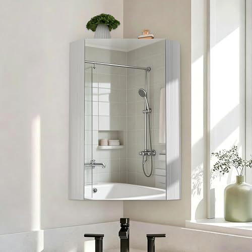 Pamapic Armario de Baño, Gabinete de Esquina de Baño, Armario Espejo para Baño con 3 Niveles, Mueble de Pared con Espejo HD, Armario Baño Pared, Muebles de Baño, 32x32x65 cm, Blanco