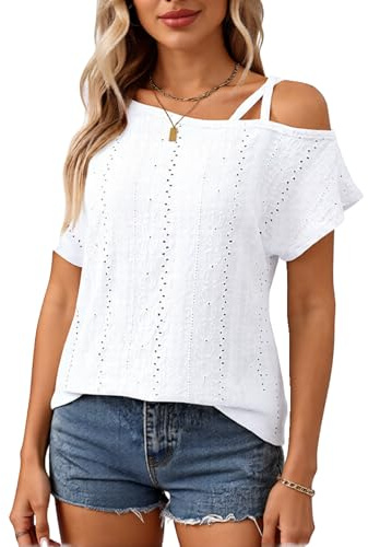 Women's Summer Cold Shoulder Eyelet Lace Top Short Sleeve Crochet Blouse Casual Loose Fit Hollow Out Shirt for Beach Vacation Date Night Apricot