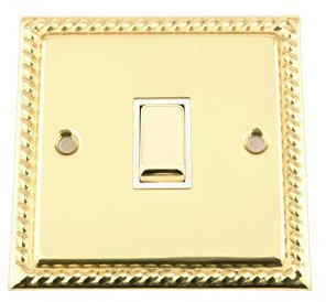 Single Light Switch 1 Gang - Georgian - Polished Brass - White Insert - Metal Rocker Switch - 1 Gang 2 Way 10 Amp