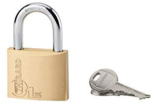 Cadenas Type 1 à Anse, 40 MM Doré Usage Intérieur - Double Verrouillage à Goupilles - Corps Laiton et 2 Clés Acier- Anse Ø6 MM, Htr 22 MM, Largeur Utile 21 MM, Acier Cémenté Nickelé - THIRARD