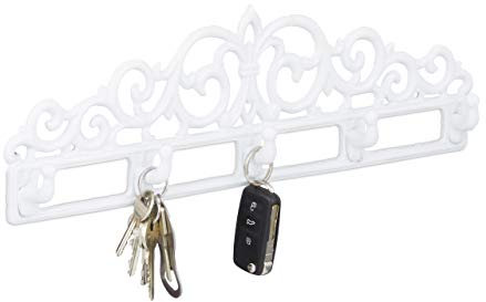 Relaxdays Garderobenleiste aus Gusseisen, 5 Haken, Antiker Landhausstil, HBT: ca. 13,5 x 42 x 4 cm, weiß