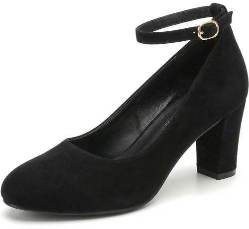Womens Ladies Block Heel Ankle Strap Work Court Evening Dress Girls Shoes Pumps UK Size 3-12 (6 UK, Black Suede)