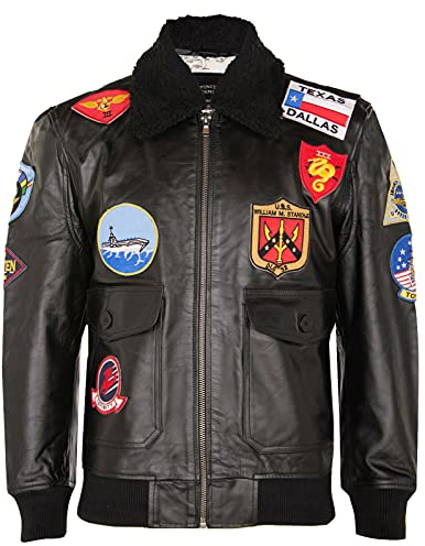 Infinity Leather Chaqueta Bomber para Hombre de Cuero con Cuello de Piel de Oveja y Parches Estilo Top Gun Air Force A2 Flight