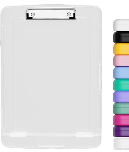Hnogri plast skrivplatta med förvaring, sidoöppning för mappvårdsurklipp, kraftiga klämmor, slimmad förvaringslåda för urklipp, smidig skrift för arbetet, storlek 36 x 24 x 3CM, genomskinlig
