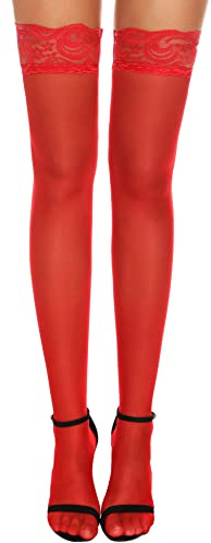 EVELIFE Women Hold Up Stocking Lace Thigh Bands Anti-skid Silicone Silk Stocking High Stocking(Red, One Size)