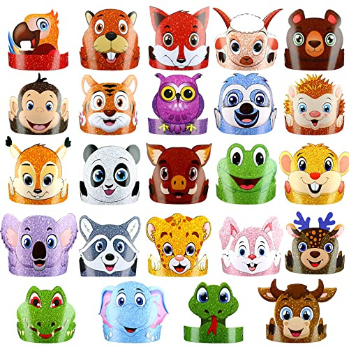Tinlade 48 Pcs Animal Hats for Kids Jungle Safari Animal Paper Party Crowns Headbands Bulk Zoo Birthday Party Favors for Girls Boys