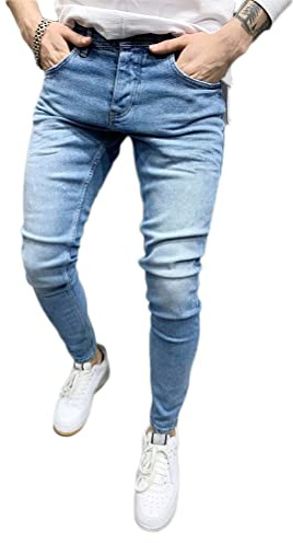 Osheoiso Jeans Uomo Pantaloni Slim Fit Denim Long Destroyed Jeans Zip Pantaloni per Uomini Hip Hop Pantaloni Vintage Stretch Casual Pantaloni Cargo Streetwear B Azzurro S