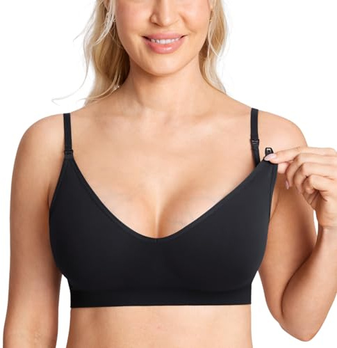 MOMANDA Sleep Nursing Bras for Breastfeeding Seamless Wirefree Maternity Bra V Neck Comfortable Bralette Black Medium