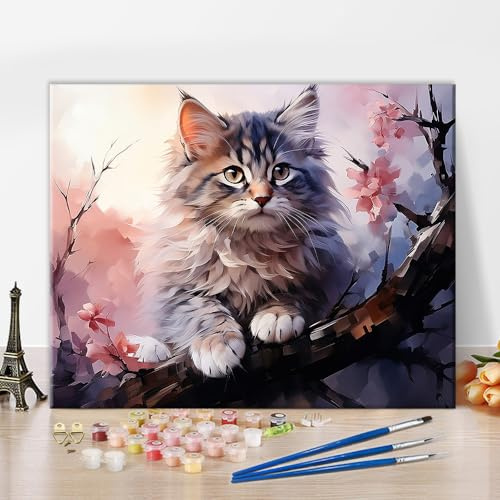 TISHIRON söt katt måla efter siffror vuxna, djur tema | Rosa kattunge på ett träd, gör-det-själv akrylmålning konsthantverk, väggdekoration för hemmet, 40 x 50 cm ramlös