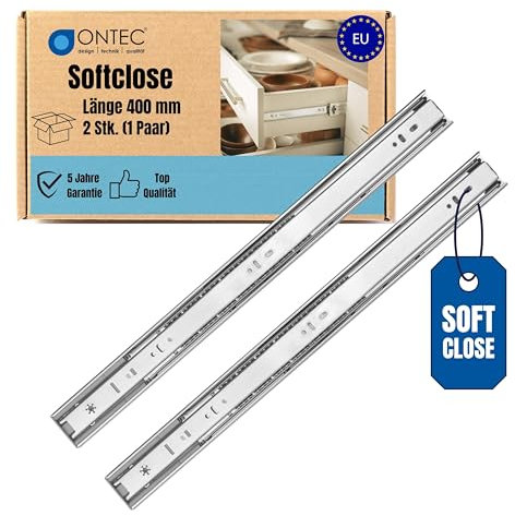 ONTEC Softclose Schubladenschienen Vollauszug 400mm 2 Stück - Schubladenauszug Extra Stabil Schubladen Schienensystem 45kg Traglast Auszugschienen Schubladenführungen - Leichte Montage