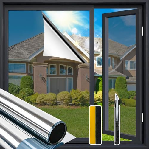 Zindoo Film Fenetre Anti Regard Film Anti Chaleur Film Miroir avec Kit de Pose Anti UV Bon Effet Miroir Protection de la Vie Privée Décoratif Autocollant pour Fenêtre Bureau Maison Magasin 30×200CM