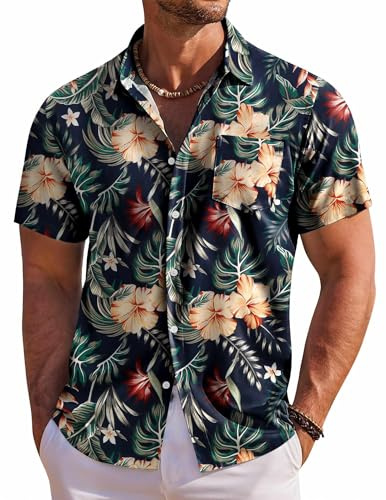 COOFANDY Mens Hawaiian Shirt for Men Short Sleeve Floral Shirts Summer Beach Shirt, Navy - Flower 2, Large
