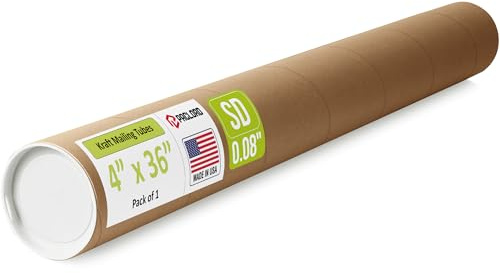 4 x 36 Reinforced Kraft Paper Mailing Tube, Pack of 1 Tube with 2 Caps – Secure USPS Approved Poster Tube – Made in USA Cardboard Tube for Shipping and Storing Posters, Prints, Artwork, or Documents