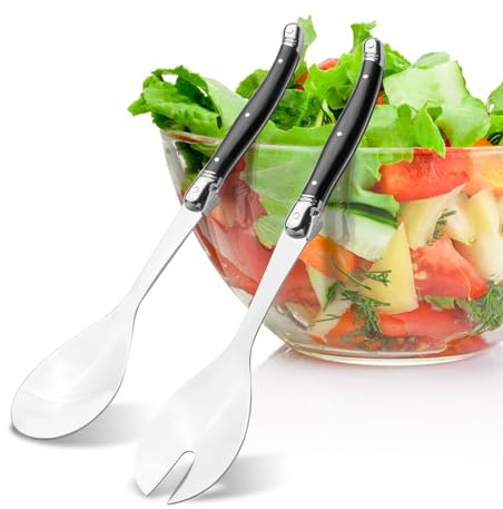 Salad Servers Set - 10 Spoon and Fork Utensils for Serving Salad Stainless Steel - Set of 2 Salad Spoon and Salad Fork Kitchen Salad Tongs (Black)