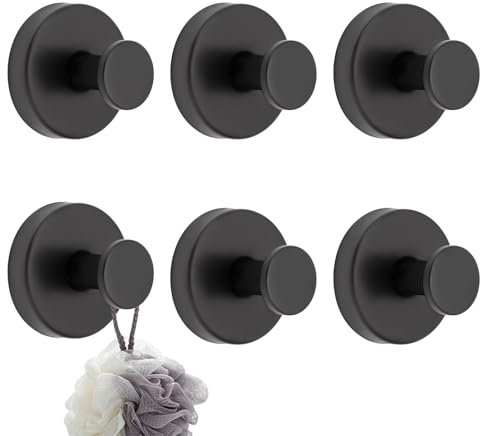 Crochet Ventouse Salle de Bain, 6 Pcs Crochet Ventouse en Acier Inoxydable étanches, Puissant Charge 10Kg, Mural d'Aspiration Puissante pour Verre, Carrelage, Salle de Bain, Cuisine (Noir)