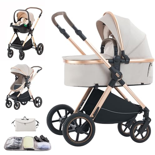 Shineey Passeggino trio, combinazione carrellino per bebè 3 in 1 passeggino cittadino con buggy pieghevole di lusso con carriola per bambini ad alta vista portatile con neonato (D2 RICEWHITE, H2-D)