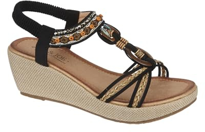 Jo & Joe Ladies Embellished Trim Elasticated Back Strap Wedge Sandals (Black, UK Footwear Size System, Adult, Women, Numeric, Medium, 6)