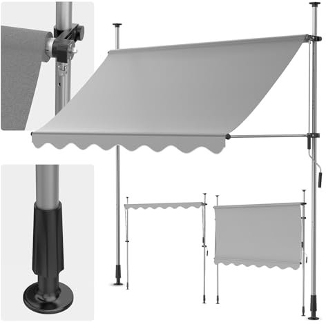 Store Banne Manuel Rétractable | Auvent Rétractable Résistant aux UV et Hydrofuge | Store pour Balcon, Terrasse, Jardin | sans Perçage, Hauteur et Inclinaison Réglables 300cm, Gris Clair