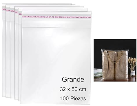 100 Bolsas Grandes de Celofán Transparentes Autoadhesivas, Bolsas de Plástico para todo uso, 100 Unidades (32x50 cm)