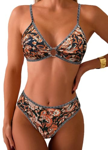 Fanuerg Women's Triangle Bikini Sets O Ring Linked Two Piece Swimsuits Brown Floral Printed Cheeky Bathing Suit S