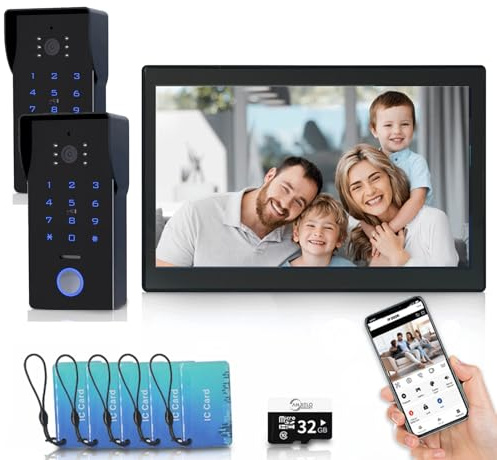 Video timbre WiFi sistema de intercomunicación, timbre de puerta visual de 2 hilos,1080P, pantalla táctil a color de 10'', desbloqueo remoto, audio bidireccional,antialarma (2 Timbre+1 Monitor)
