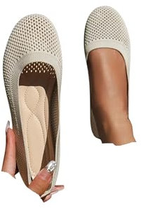 Women's Ballet Flats Slip On Knit Dress Shoes Pumps Round Toe Wide fit Work Flats Solid Color Comfortable Dress Ballet Shoes White