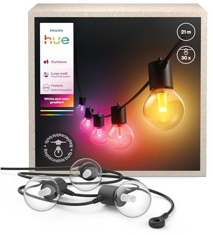 Philips Hue Festavia Globe ljusslinga för utomhusbruk, White and color ambiance, 21 meter, 30 ljuskällor, Dimbara, Styr med Hue-appen, Fungerar med Alexa, Google Assistant och Apple Home
